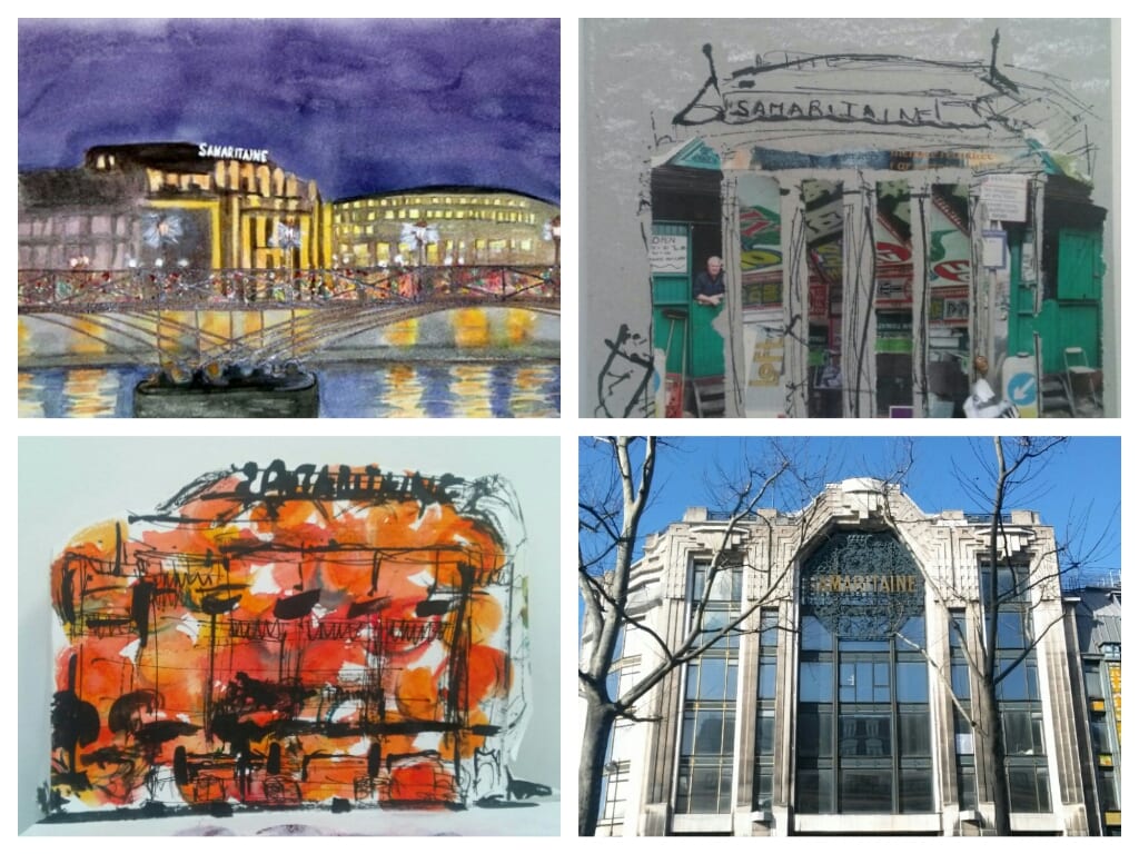 En haut à gauche, Eve Mas, collage, aquarelle et photo Chrismali