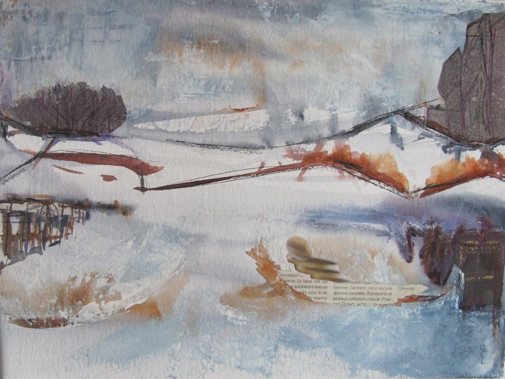 Pont du chemin de fer l'hiver aquarelle collage acrylique 50 40