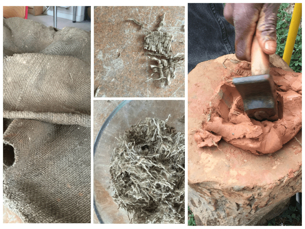 Etape 2 - préparation de la terre argile et fibre de toile de jute pour les moules 