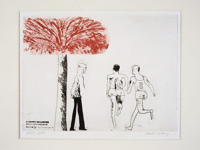 "THE SEVEN STONE WEAKLING" 1961/63 FROM A RAKE'S PROGRESS. ETCHING IN TWO COLORS AND AQUATINI, ED: 50 12 X 16" © DAVID HOCKNEY PHOTO: STEVE OLIVER